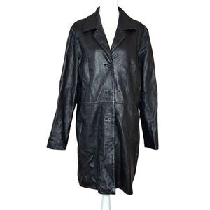 Vintage 90s Charles Klein Black Leather Coat Women's Large Longline Trench Y2K